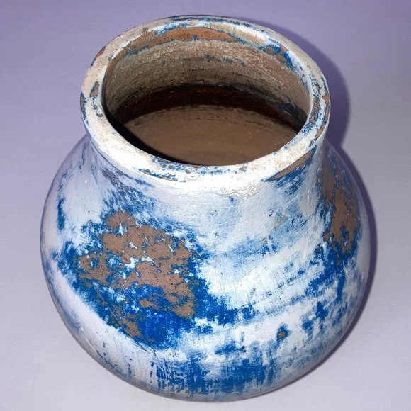 Artisan Vintage Blue and White Clay Pottery Vase Pre Owned